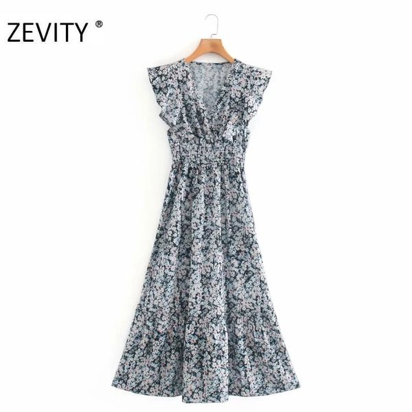 

zevity women elegant v neck flower print elastic waist casual midi dress chic lady sleeveless ruffles a line dresses ds4387 210419, Black;gray