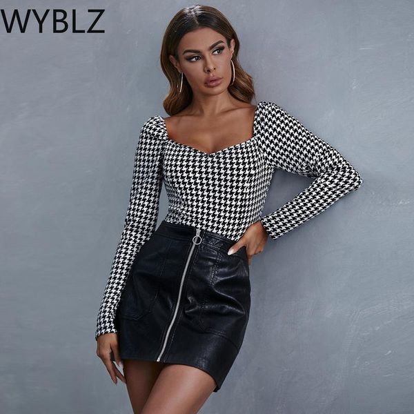 

women's slim square collar long sleeve chest t-shirt female black & white checkered mesh