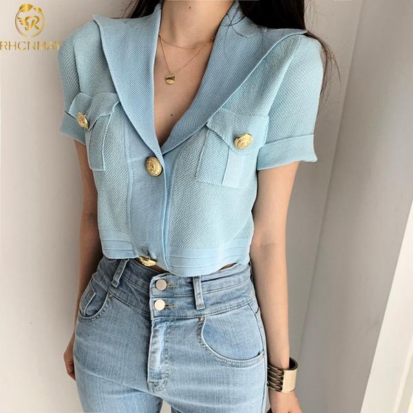 

women's knits & tees summer elegant lapel women cardigan metal button pocket casual woman sweaters korea chic short knit sweater top, White