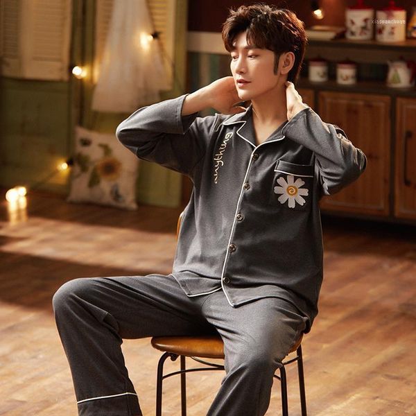 

men's sleepwear pajamas spring autumn long-sleeve loose large size printed cardigan home service suit winter cotton enlarged, Black;brown