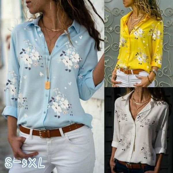 

women blouses 2021 summer elegant long sleeve print v-neck chiffon blouse female work wear shirts plus size 5xl lapel blusa women's &, White