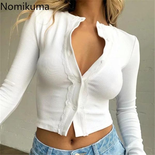 

women's t-shirt nomikuma slim short t-shirts cardigan single breasted long sleeve o-neck graphic tees 2021 lace patchwork tshirt 6h991, White