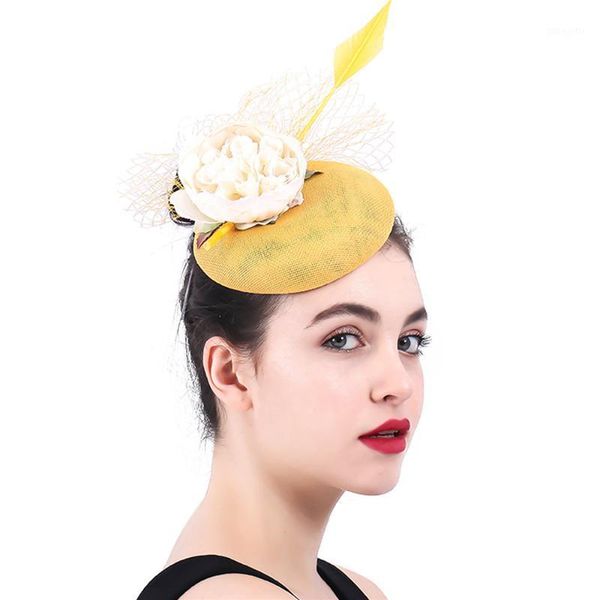 

yellow fascinators millinery women elegant fancy floral pillbox hat veils married bridal party chapeau tea hair accessories1