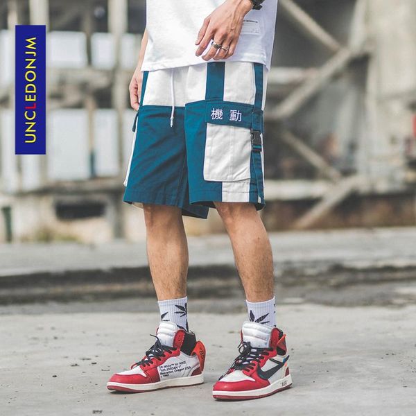 

harajuku shorts color block summer hip hop cargo short streetwear men jogger pockets mix-v017 men's, White;black