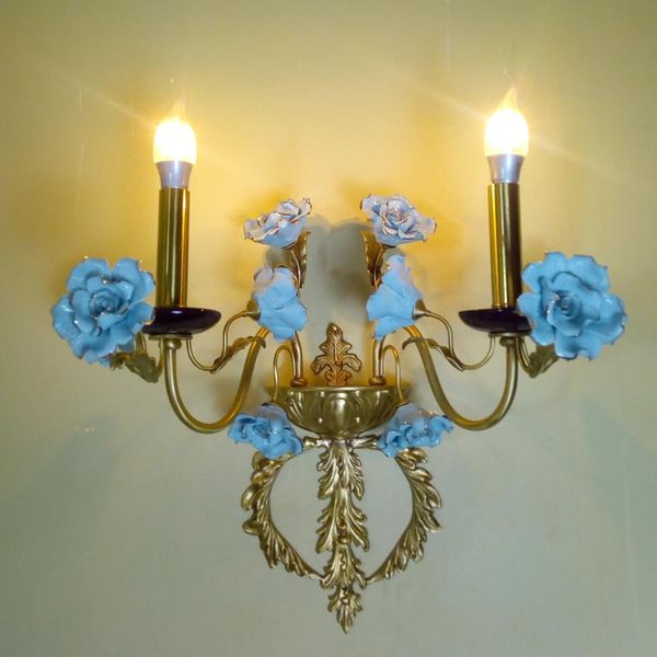 

wall lamp ceramic blue roses of brass frame art decorative antique reproduction bracket classical light
