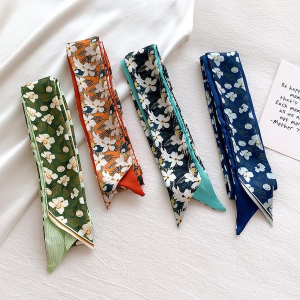 

scarves floral scarf women long ribbon neck hairband fashion printed foulard soft hat handle bag ties skinny silk neckerchief, Blue;gray