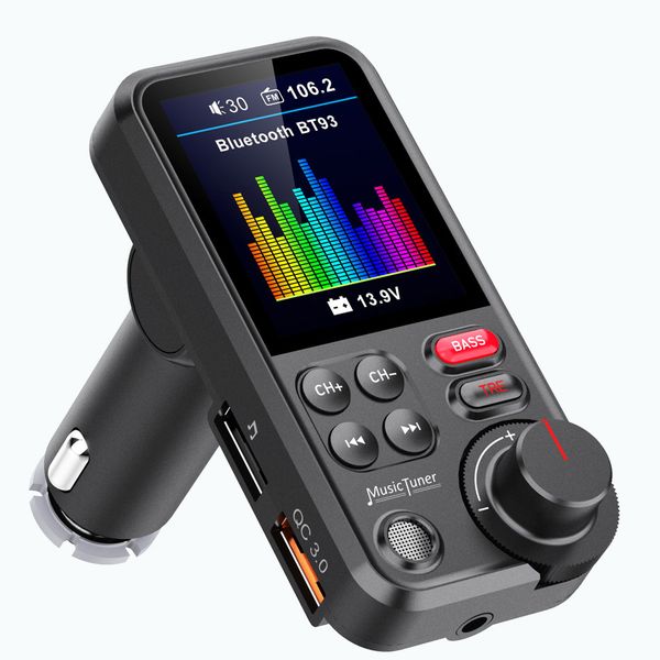 

wireless bluetooth car kit fm transmitter receiver radio adapter charging treble bass sound music player qc3.0 usb quick charger handsbt93