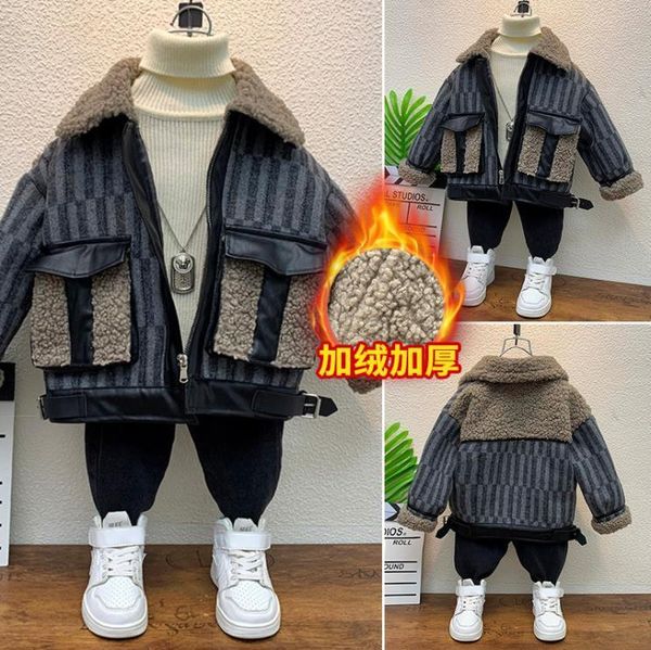 Set di abbigliamento Completo per bambini Inverno Maglione in pile per ragazzi e ragazze Cappotto ispessito + Maglione lavorato a maglia + Pantaloni in peluche 3PCS Bambini