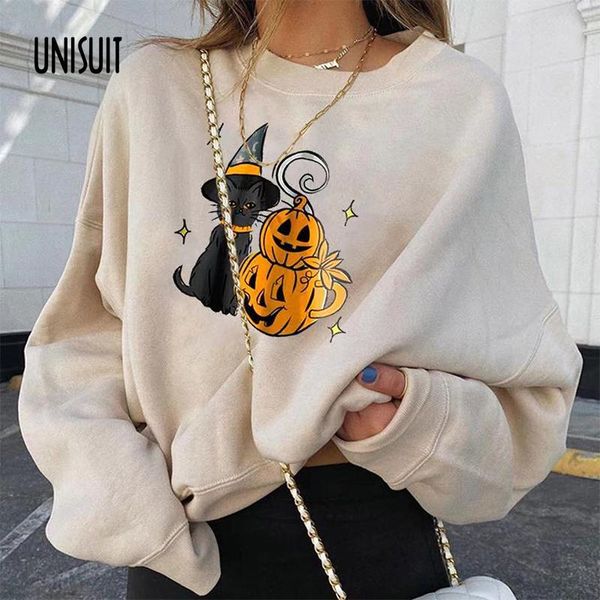 

women's hoodies & sweatshirts halloween pumpkin print hoodie sweatshirt women casual round neck loose pullover autumn winter long slee, Black