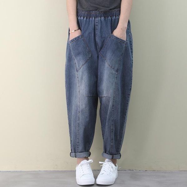 

high waist jeans women autumn loose casual denim harem pants 2021 streetwear solid color boyfriend for p1408 women's, Blue