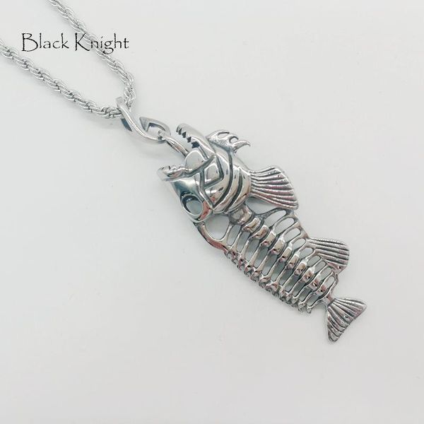 

pendant necklaces black knight fishing hook fish bone skull necklace mens stainless steel punk hip hop blkn0701, Silver