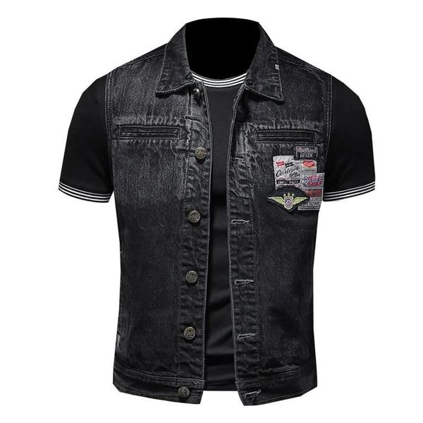 

men's fashion vintage denim biker vests with patches hi street personality jeans motorcycle waistcoat sleeveless jacket 5xl, Black;white