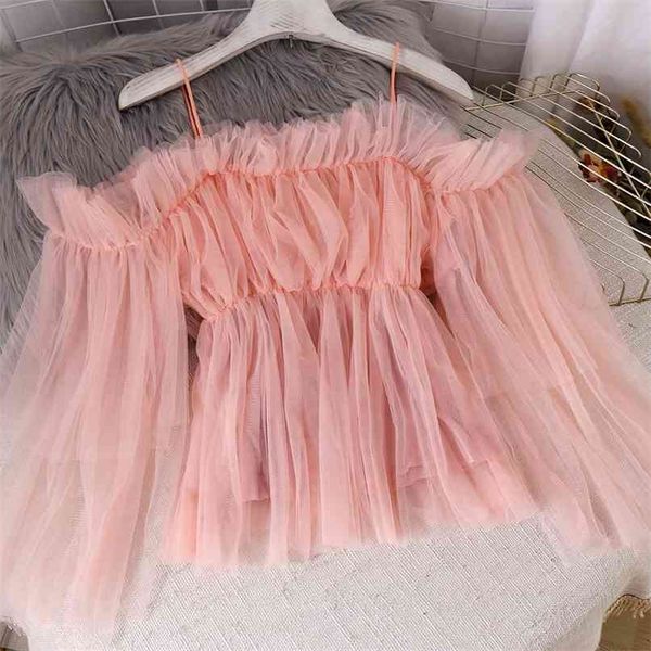 

straps gauze spliced multi-layers mesh shirts summer wild thin fairy net off shoulders pleated chiffon blouses crop 210529, White