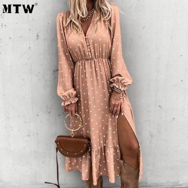 

casual dresses autumn women v-neck boho dress vintage dot print party 2021 long sleeve ruffle vestidos, Black;gray