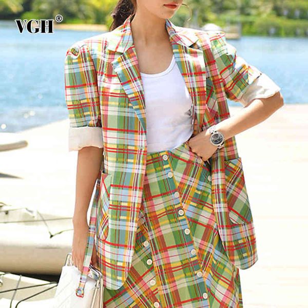 

vgh hit color plaid blazer for women notched short sleeve sashes slim vintage casual single button blazers female fashion spring 210421, White;black