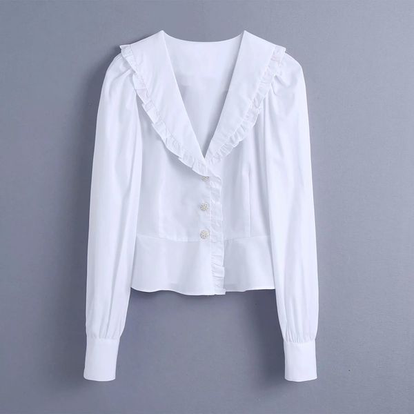 

women blouse shirt gem buttons v-neckline long sleeves elegant casual fashion chic lady woman 210420, White