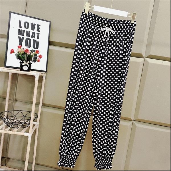 

harem pants womens women cool rayon loose drawstring print dot casual mom sweatpants big size fashion trousers, Black;white
