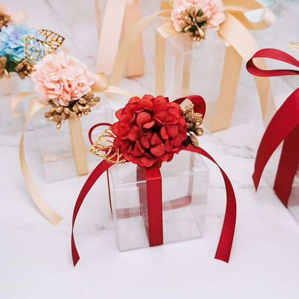 

gift wrap 20pcs/lot candy boxes pvc transparent wedding favors and gifts box square flower ribbon romantic packaging party bag