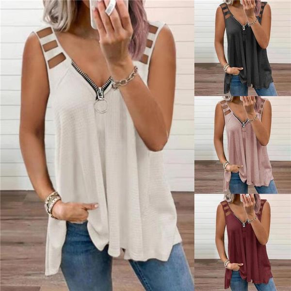 

women's tanks & camis 2021 hollow out tank women zipper v-neck sleeveless t shirt summer vest loose casual clothes, White