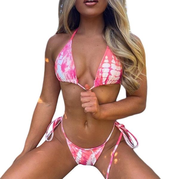 

women's swimwear 2pcs tie-dyed bikini suit split style deep v-neck lace-up halter with bandage thong bottom for beach/swimming, White;black
