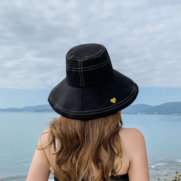 

sun hat female summer korean fashion fisherman's embroidered love big brim travel sunshade sun hat, Blue;gray