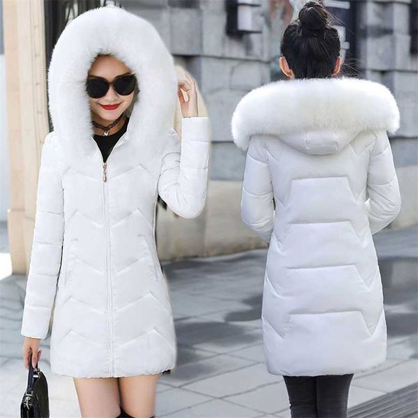 

white women winter hooded warm coat fur collar detachable cotton padded jacket female long parka womens wadded jaqueta feminina 211018, Black