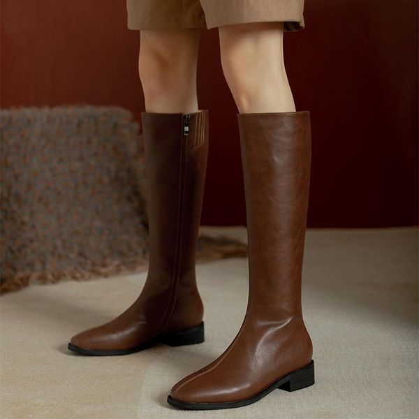 

boots women's high fashion genuine leather women 2021 autumn winter square toe thick heel knee-high shoes zipper, Black