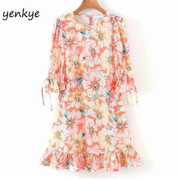 

summer dress 2002 women round neck three-quarter sleeve ruffle floral print casual vestido xds6657 210514, Black;gray