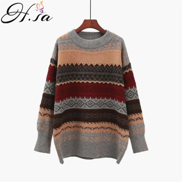 

h.sa winter women sweater pullover knit jumpers loose striped pull korean style knitwear casual argyle 210929, White;black