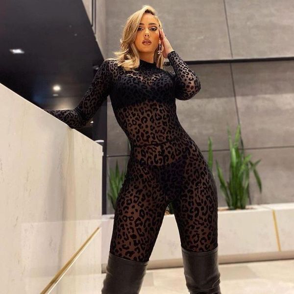 

animal instinct mesh bodystocking womens romper leopard see through velour long sleeve rompers jumpsuit midnight clubwear, Black;white