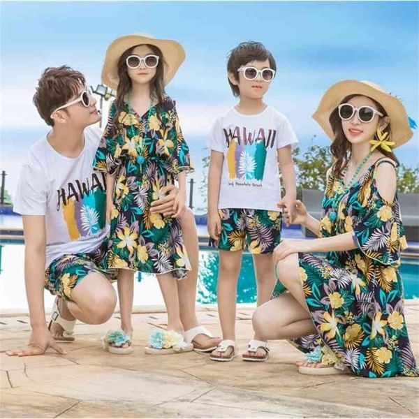 

hawaii mother daughter dresses family matching outfits mommy and me clothes father son clothing sets look dress summer 210724, Blue