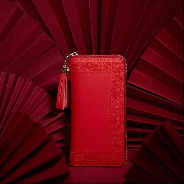 

embroidery cattle split leather wallet zipper brand long womens wallets purses black red ladies clutch p420017, Red;black