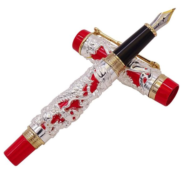 

fountain pens jinhao dragon phoenix vintage luxury calligraphy pen bent nib full metal silver & red carving for art office gift