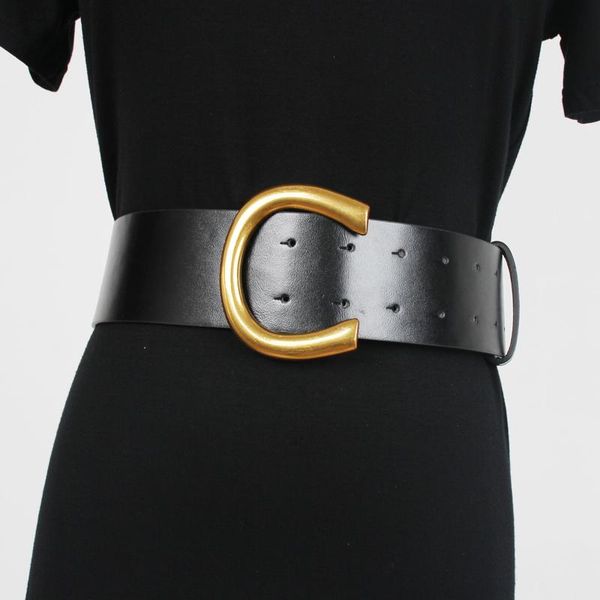 

belts fashion leather wide for women vintage gold color metal c buckle waistband casual womens black waist belt, Black;brown