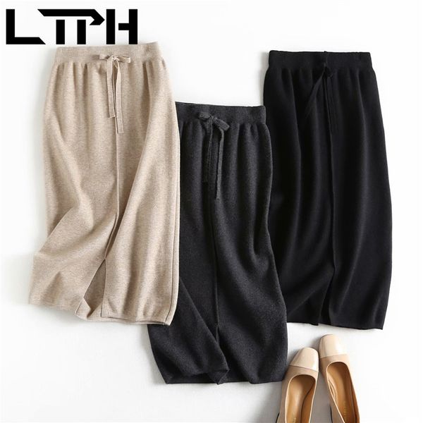 

vintage elegant korean high waist lace-up knitted skirt women mid-length slit slim package hip skirts spring autumn 210427, Black