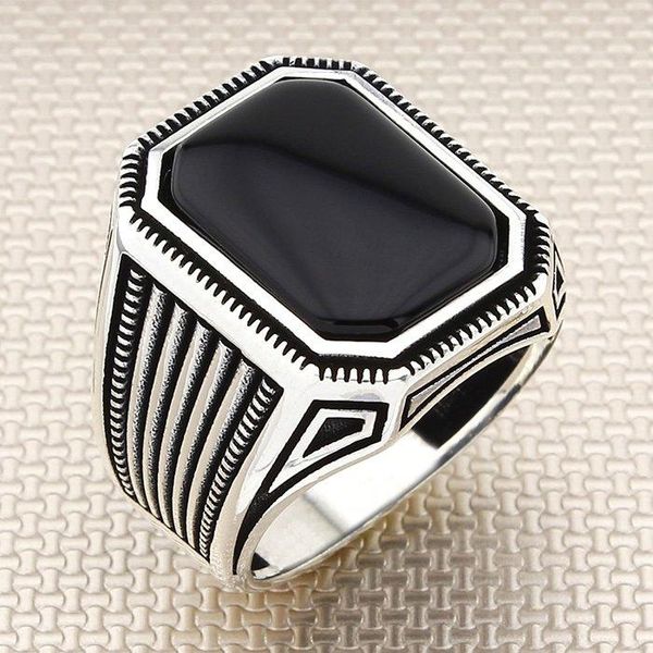 

fashion rectangle black onyx stone men silver ring heavy december birthstone made in turkey solid 925 sterling cluster rings, Golden;silver