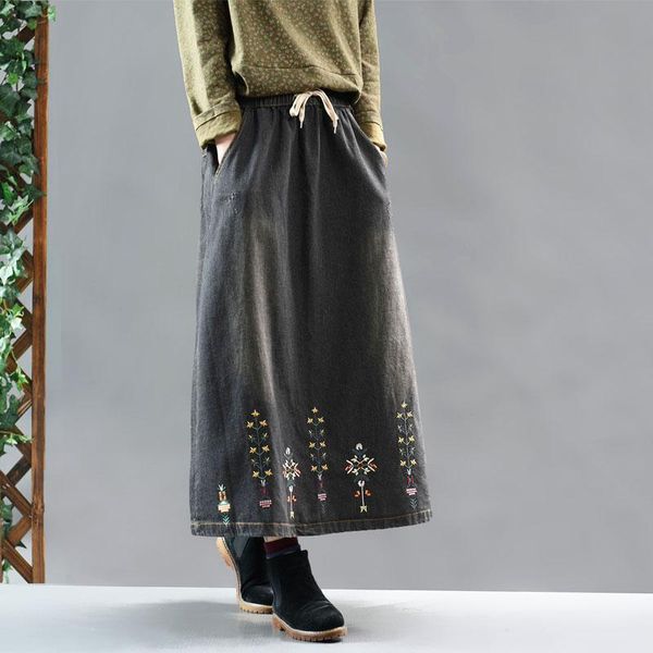 

skirts autumn winter skirt women retro elastic waist drawstring denim 2021 ladies casual loose embroidery pocket, Black