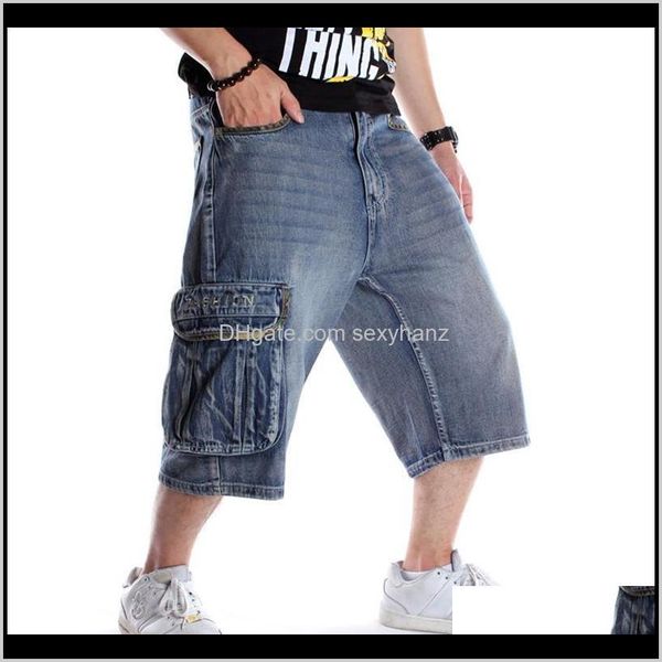 

clothing apparel drop delivery 2021 mens loose hip hop pockets cargo denim shorts plus big size letters embroidery jeans skateboard streetwe, Blue