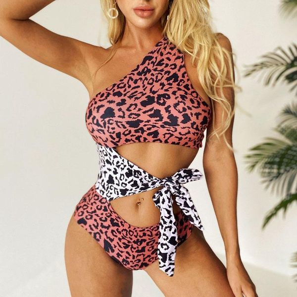 

one shoulder piece swimsuit women swimwear high waist bathing suit leopard monokini swimming for beachwear one-piece suits