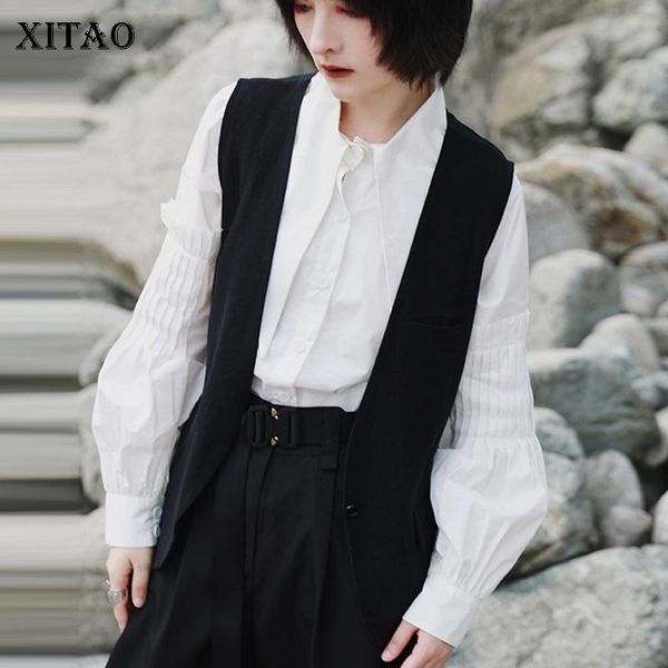 

women's vests xitao single button casual women 2021 summer trendy fashion style v neck collar sleeveless elastic waist zyq4124, Black;white