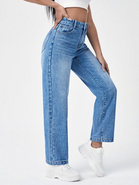 

high waist straight leg jeans 44wi#, Blue
