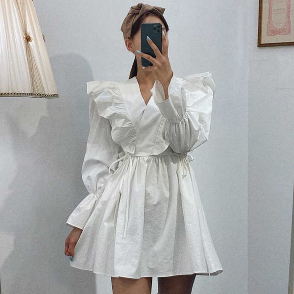

vintage wild black v neck ruffled flare sleeve dress women mini patchwork high waist lace up casual clothing spring fashion 210610, Black;gray