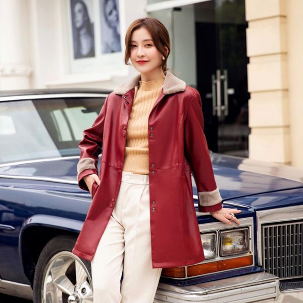 

women's leather & faux jacket women wine red long pu coat 2021 autumn winter korean slim black -6xl plus size clothing