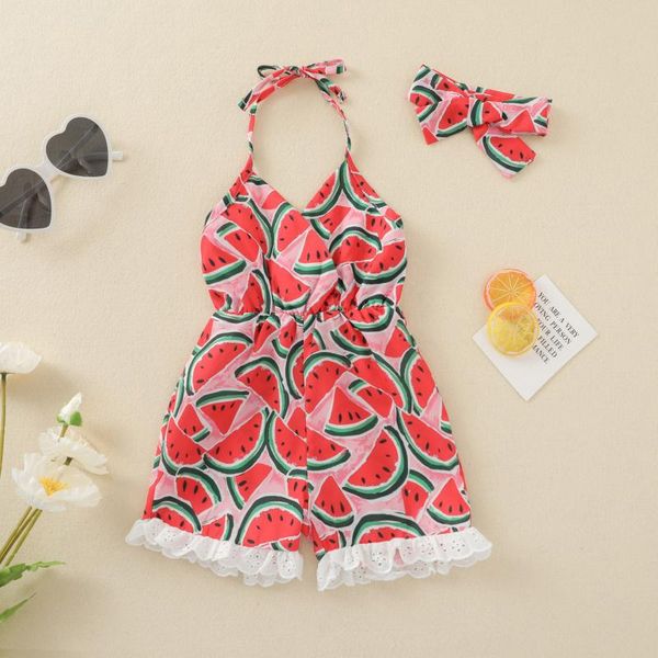 

jumpsuits infant baby kids girls rompers clothes slip ruffle watermelon romper jumpsuit headband set children's casual clothing, Blue