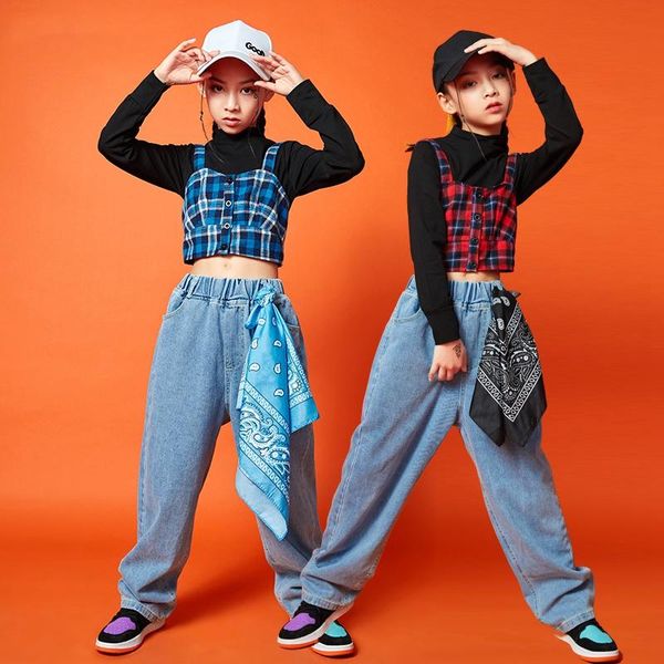 

clothing sets girl hip hop crop sweatshirt jeans kids streetwear plaid camisole sport pants child clothes jazz dance costumes outfits, White
