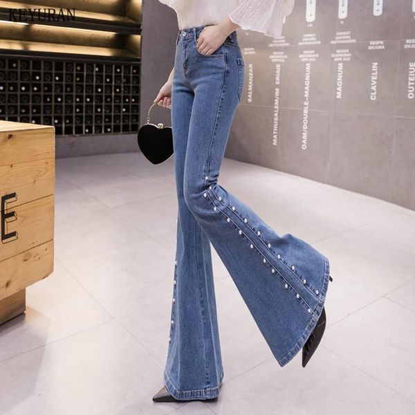 

vintage high waist stretch big flare jeans pant for women streetwear slim pearl beading female denim ladies 2021 women's, Blue