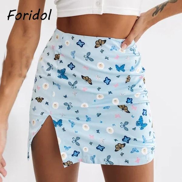 

skirts foridol butterfly print slit blue skirt women high waist beach summer short mini bottom casual cara a-line bodycon, Black