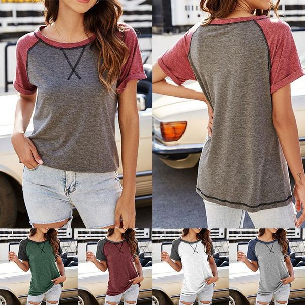 

fashion colorblock crossover loose shirt t-shirt women summer tunic short sleeve tees casual pullover comfortable women's, White