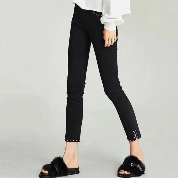 

women's pants & capris women jeans skinny mom buttons elastic denim high waist heavy rivet winter pencil, Black;white