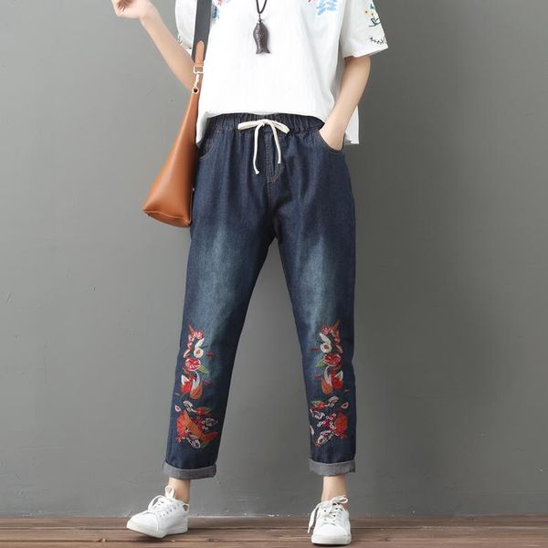 

womens jeans vintage flowers embroidery ripped casual elastic waist pantalon femme loose trousers women's, Blue